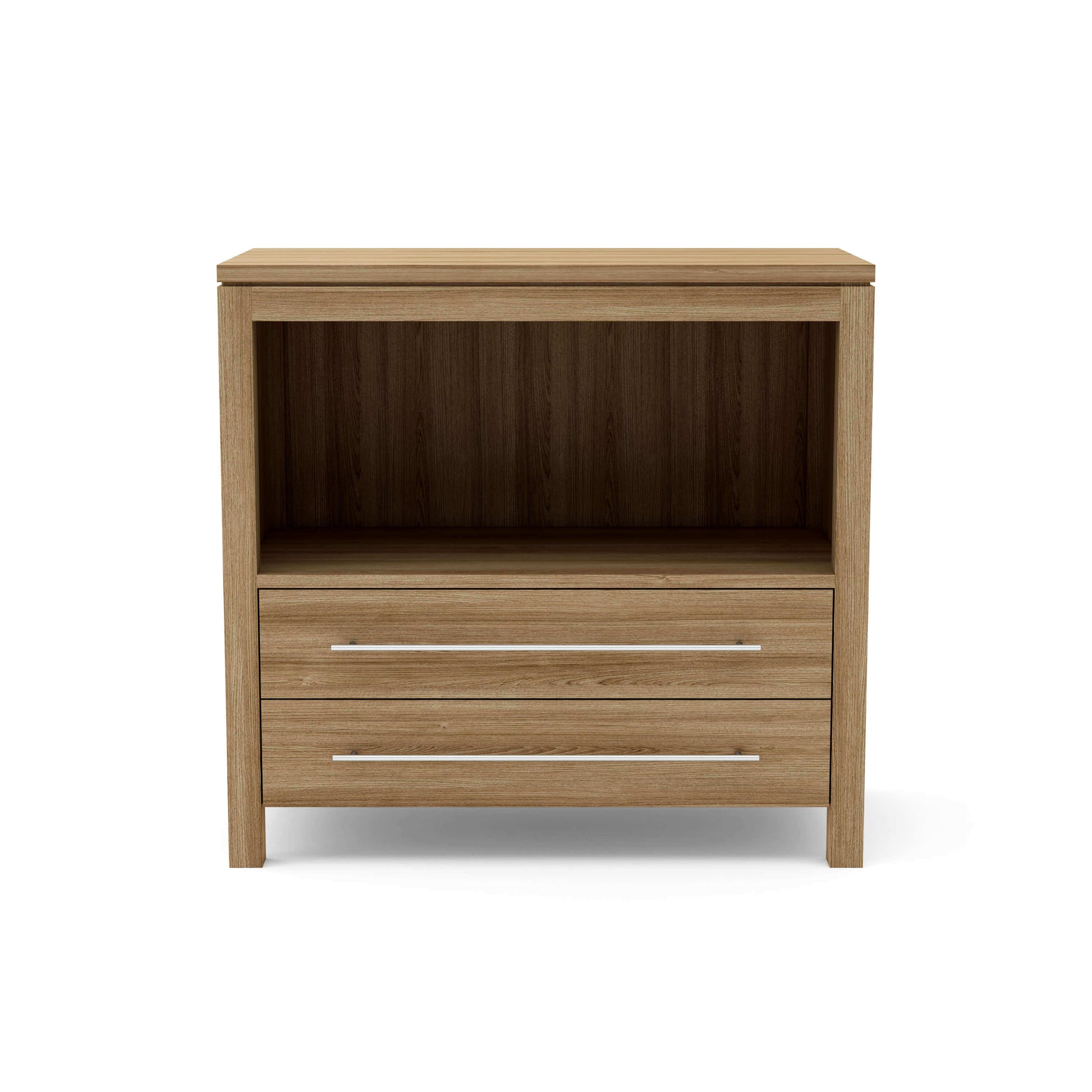 Teak storage cabinet with soft-close hinges, two-door front, and finished paneling
