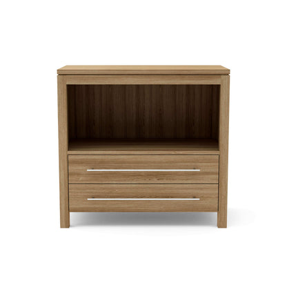 Teak storage cabinet with soft-close hinges, two-door front, and finished paneling