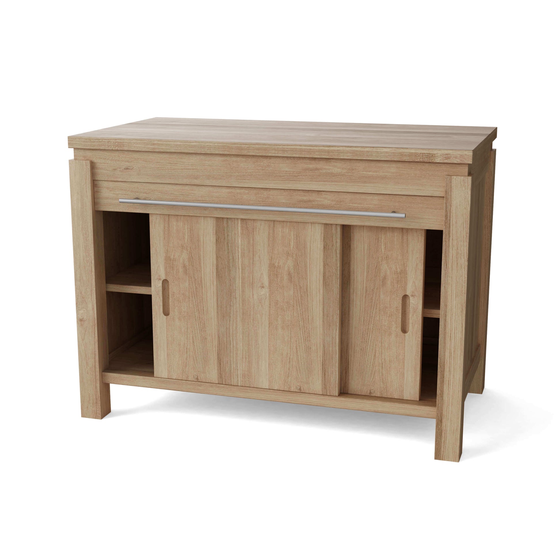 Teak storage cabinet with sliding doors, spacious top surface, and open interior shelf for towels or kitchen supplies