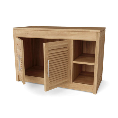 Outdoor teak storage cabinet with vented doors and soft-close hinges for smooth functionality