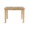 Fully assembled square teak table with durable construction and natural finish