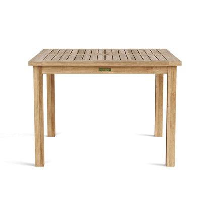 Fully assembled square teak table with durable construction and natural finish