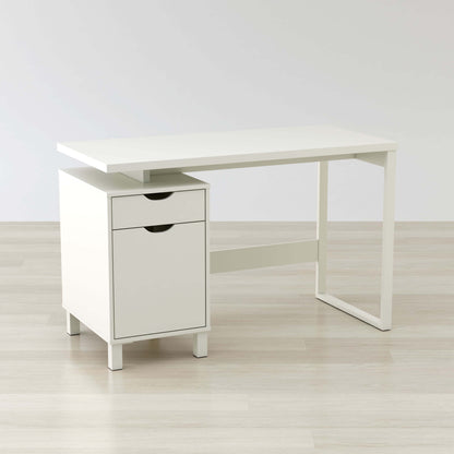 Angled view of L-shaped desk showing workspace and storage compartments