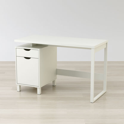 Angled view of L-shaped desk showing workspace and storage compartments