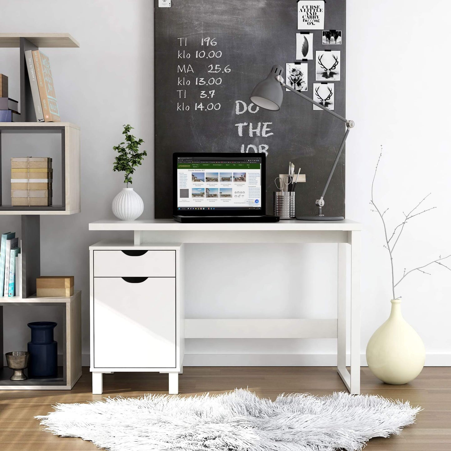 Haslev desk staged in home office with accessories