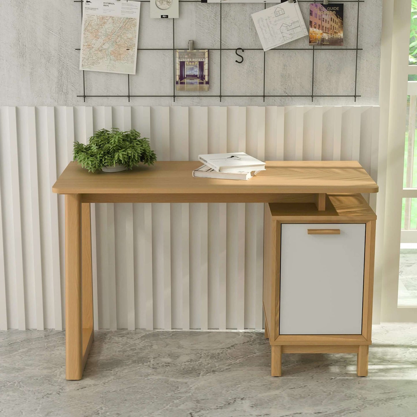 Compact wooden writing desk with drawer, cabinet, and open shelf for home office use