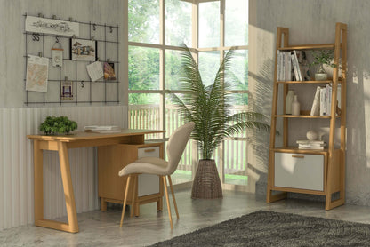 Compact wooden writing desk with drawer, cabinet, and open shelf for home office use