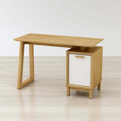 Engineered wood desk with water-resistant PVC laminate and natural wood grain texture