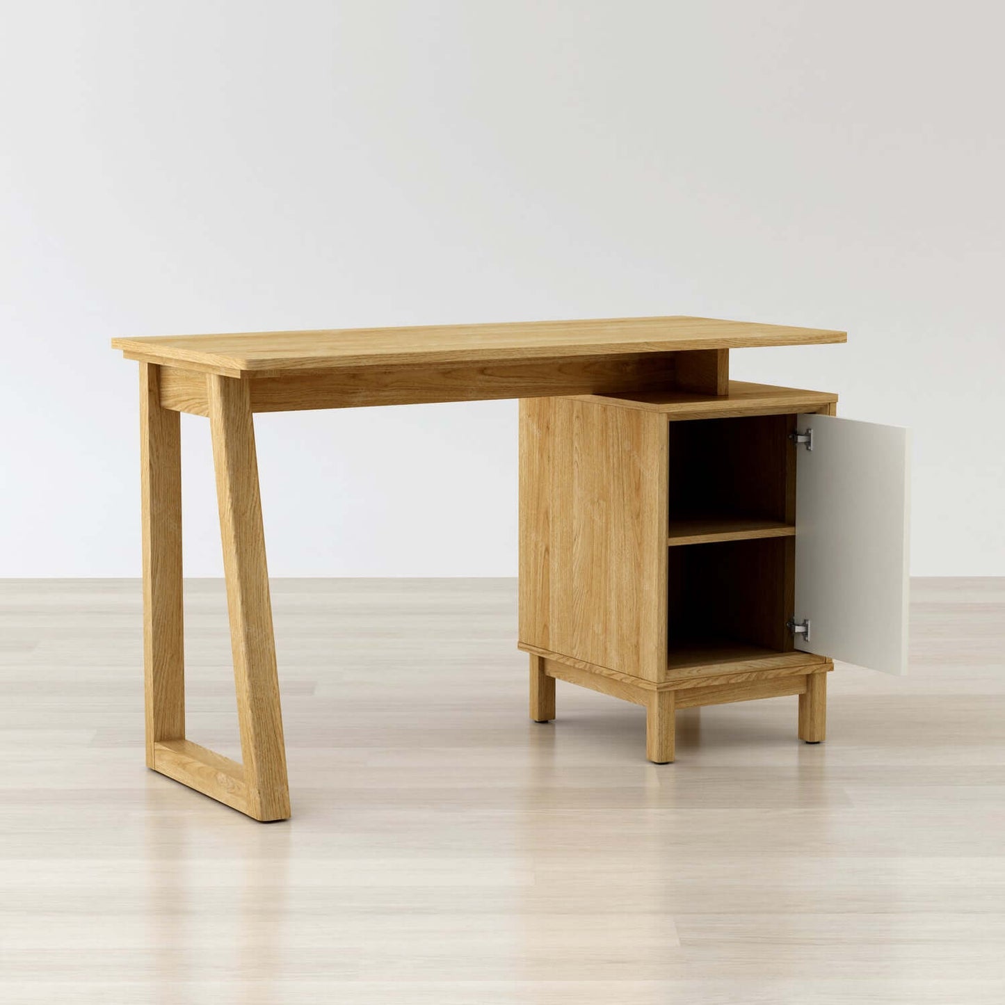 Kathy 47-inch writing desk in light oak finish with all-wood construction and storage cabinet