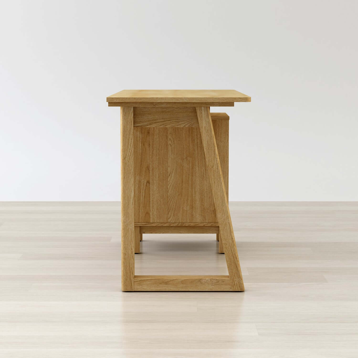 Side view of Kathy desk showing full wood frame and finished back panel”