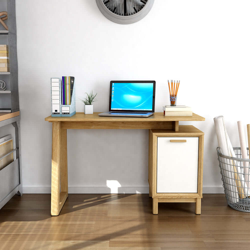 Kathy 47-inch writing desk in light oak finish with all-wood construction and storage cabinet