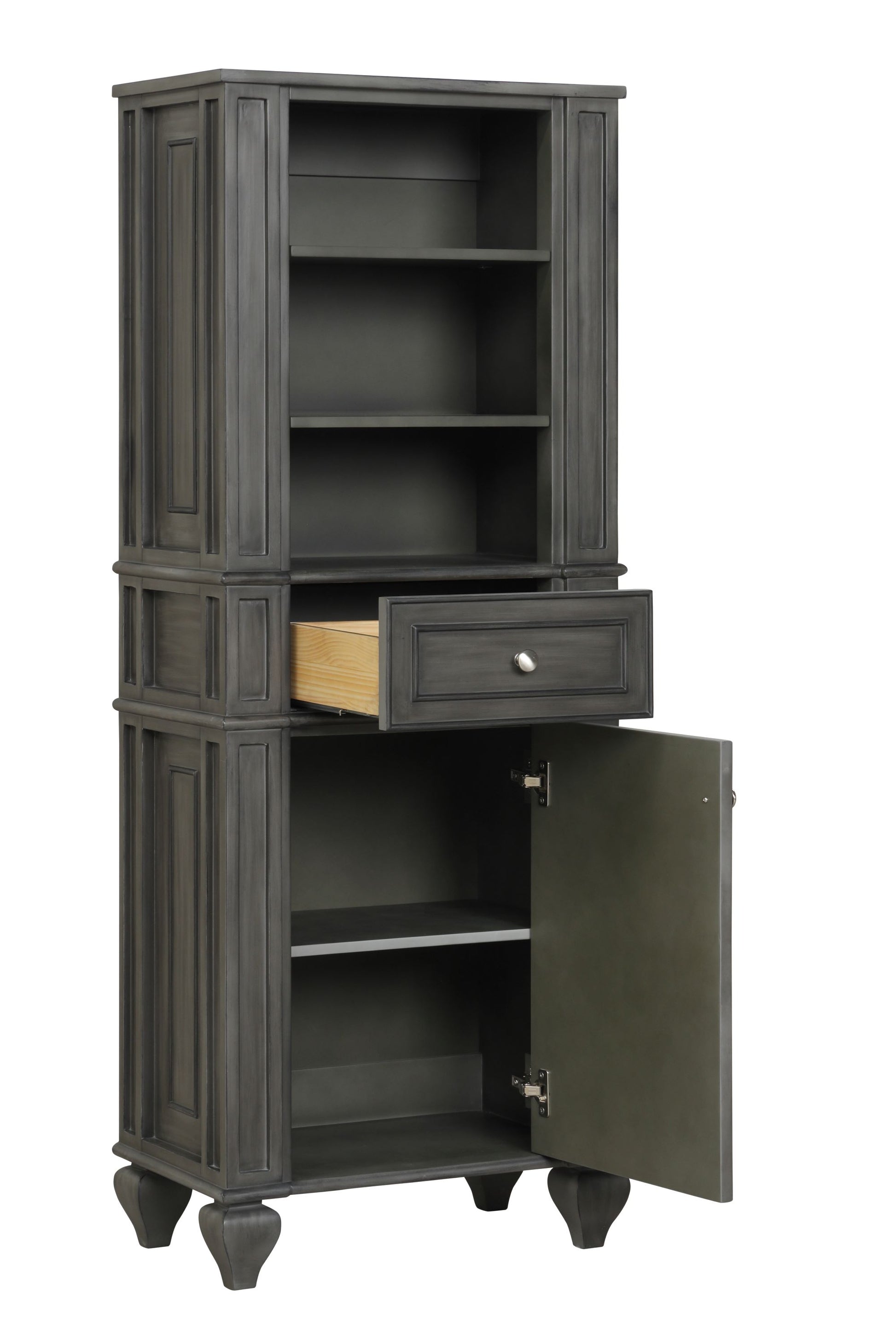 Winston 64" H X 24" W Linen Tower in Antique Gray - linen tower front view with opened compartments