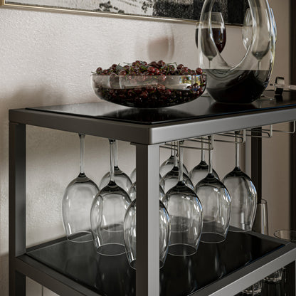 Holly & Martin Zephs Bar Cart - Gunmetal Gray w/ Black Glass - bar cart detailed closeup with items on top with glass rack 