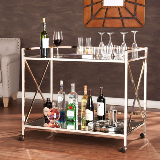 Maxton Bar Cart - bar cart in living room with items on top and bottom shelf 