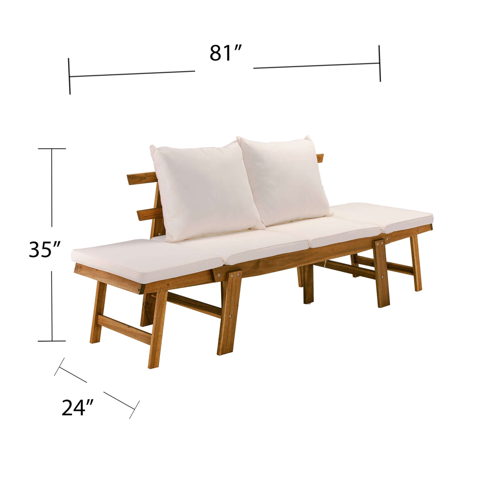Angled view of Convertible Outdoor Lounge Chair | Holly & Martin Dolavon with sides extended and dimensions 