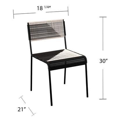 Angled view with dimensions of Durable Outdoor Seating Watkindale Woven Outdoor Chairs- 2pc 