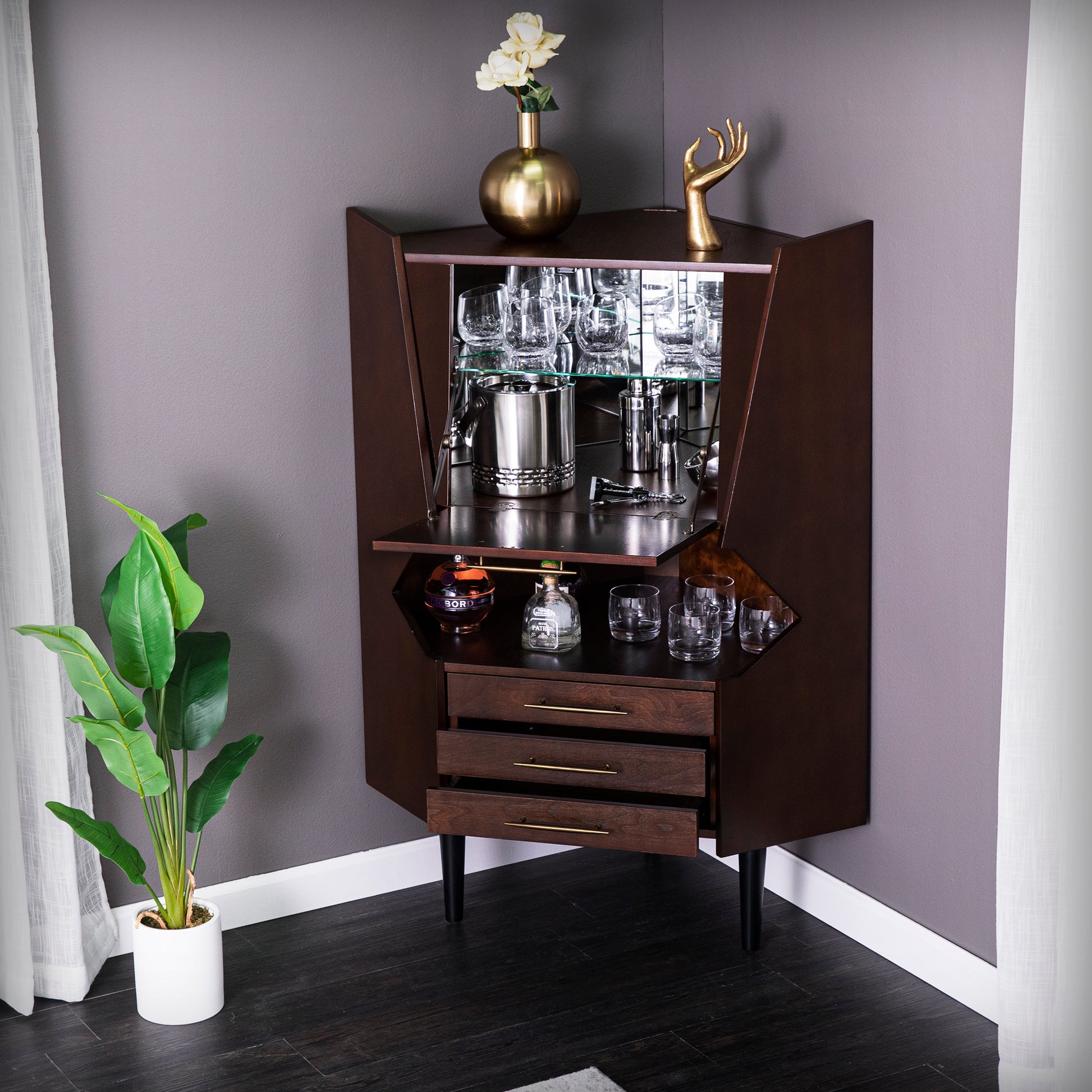 Larson Corner Bar Cabinet - Dark Tobacco - bar cabinet opened in living room 