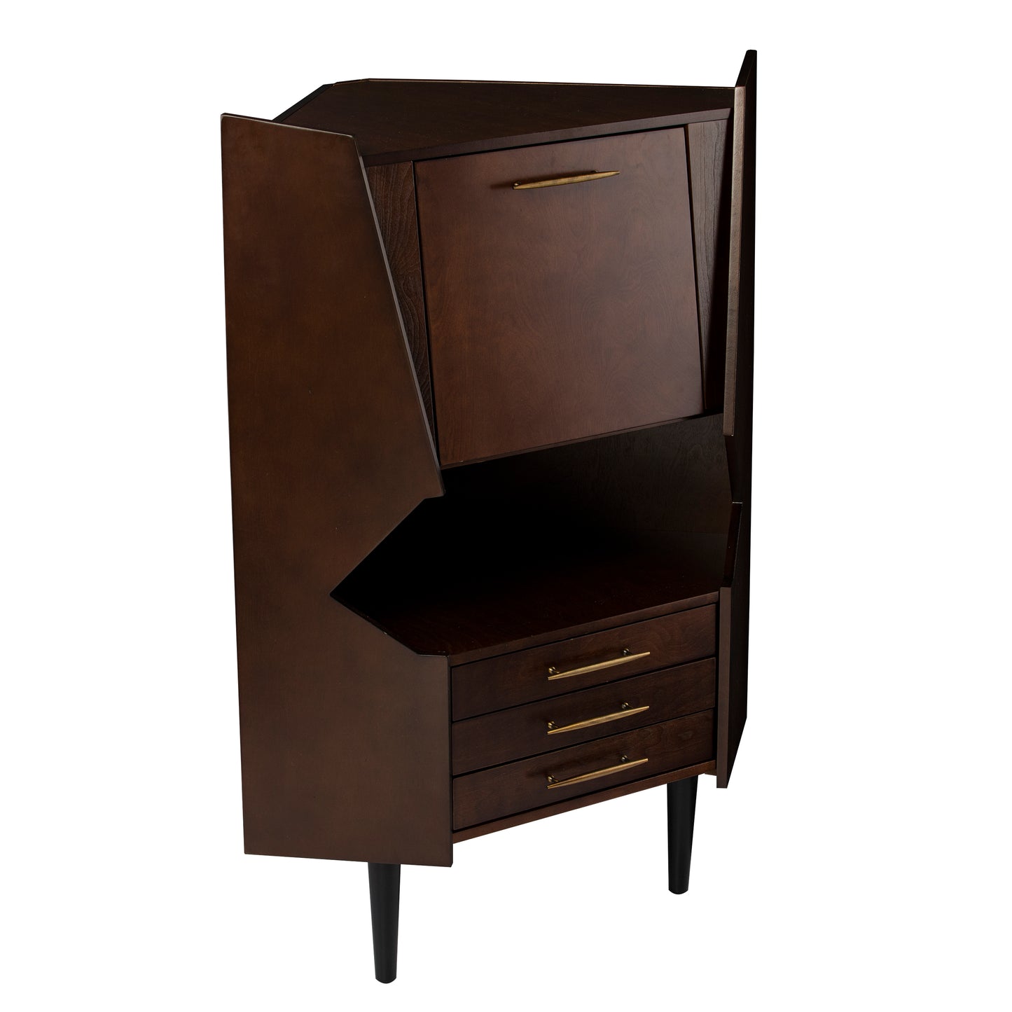 Larson Corner Bar Cabinet - Dark Tobacco - bar cabinet at an angle 