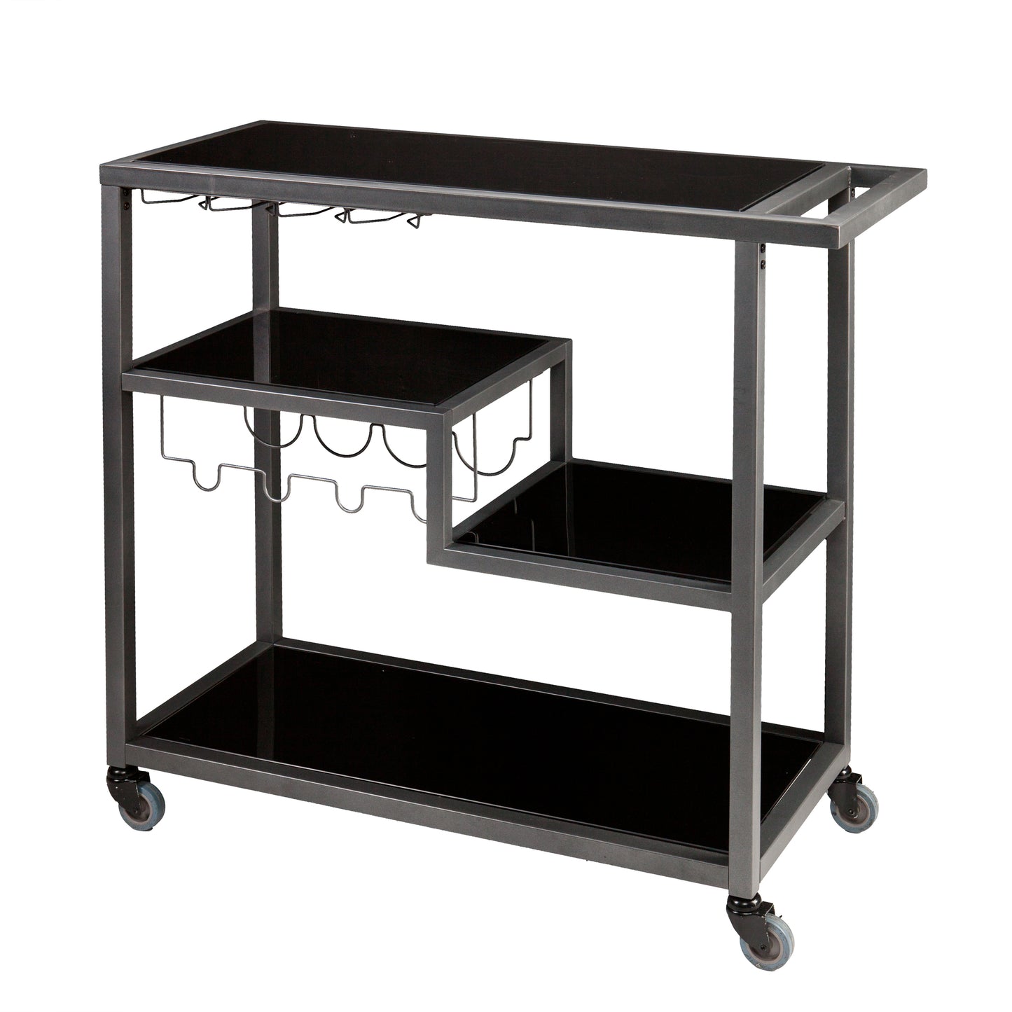 Holly & Martin Zephs Bar Cart - Gunmetal Gray w/ Black Glass - bar cart at an angle 