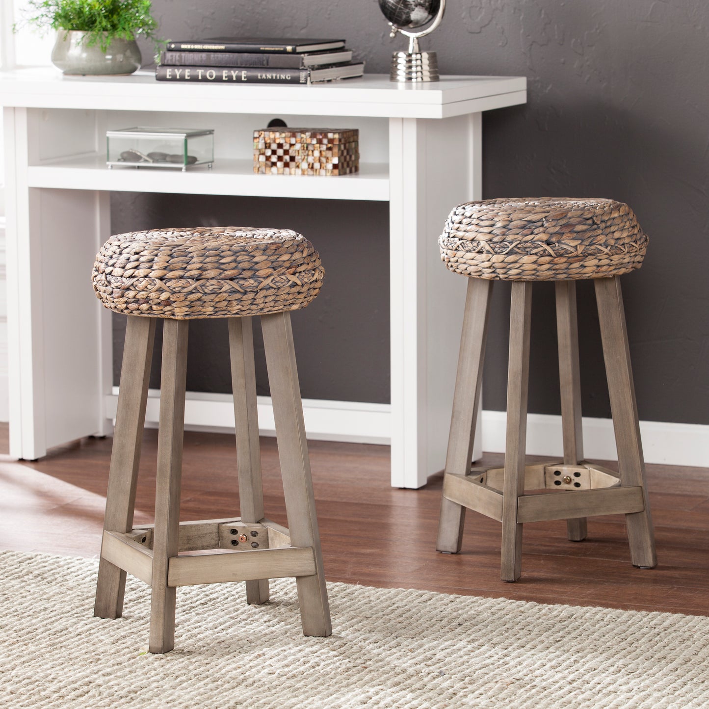 Rutina Backless Round Water Hyacinth 24" Stools 2pc Set- Weathered Gray