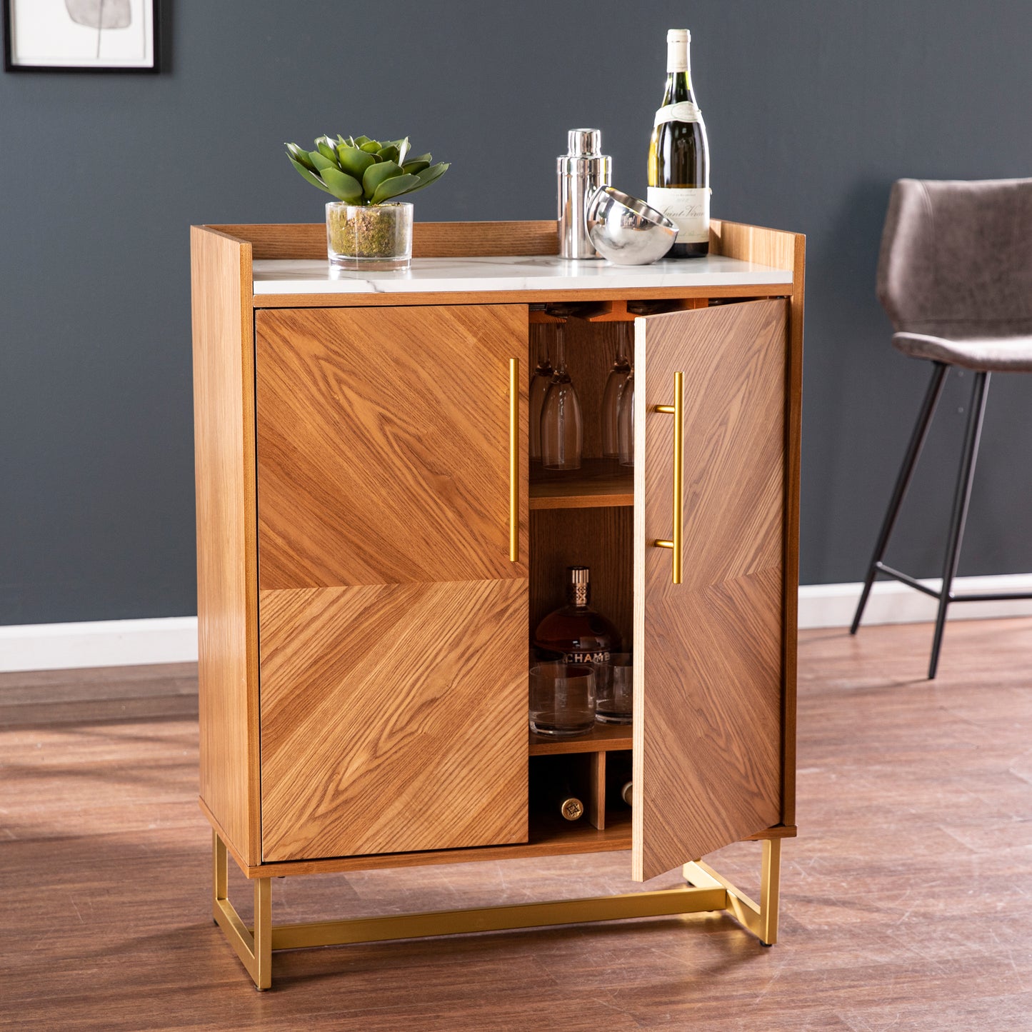 Trilken Bar Cabinet w/ Wine Storage - bar cabinet front view in living room with opened door and items on countertop 