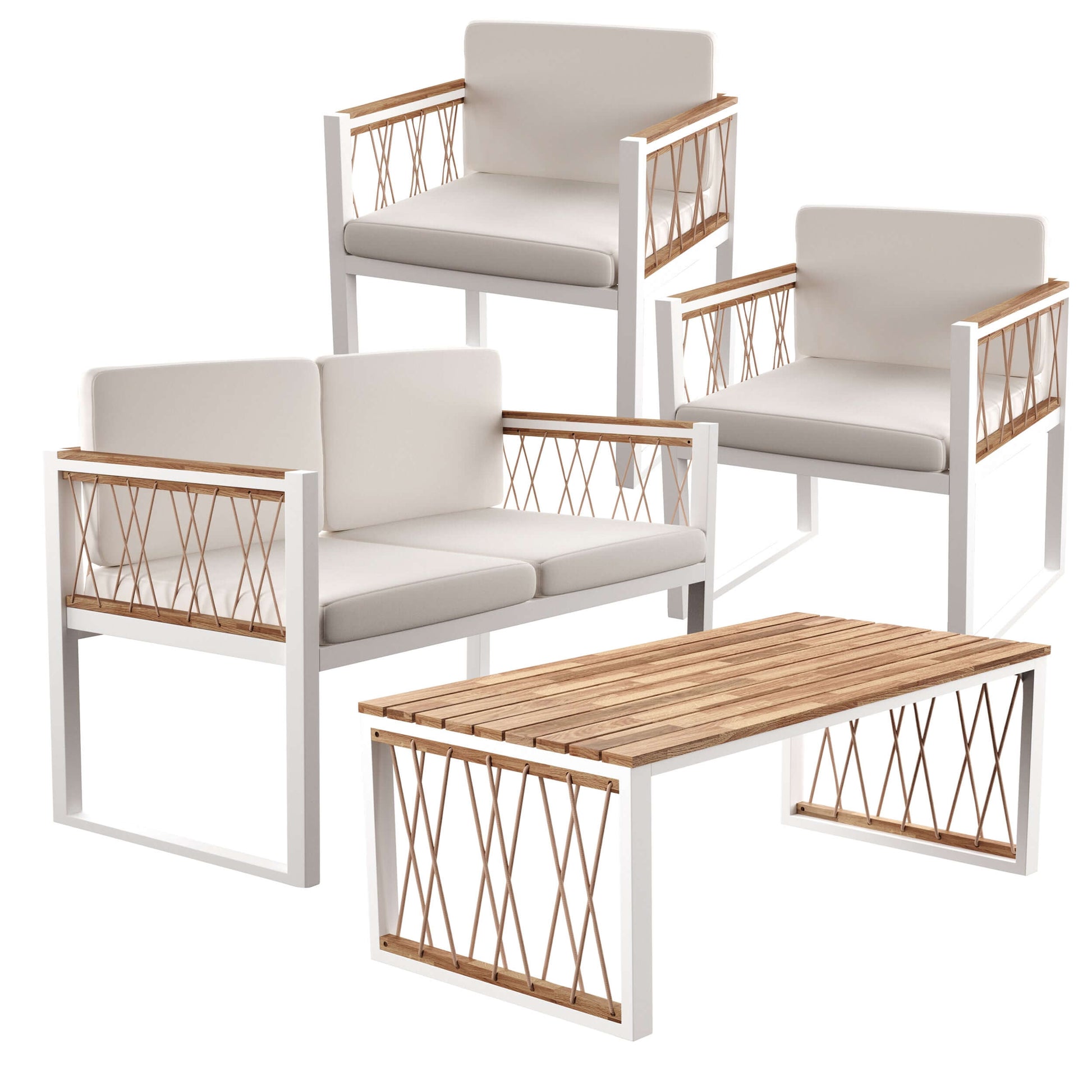 Multiple chairs demonstrating a set of Outdoor Loveseat with Cushions - Wallmond from Bundle Abode