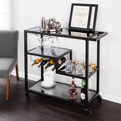 Holly & Martin Zephs Bar Cart – Black w/ Smoked Mirror - bar cart in living room 