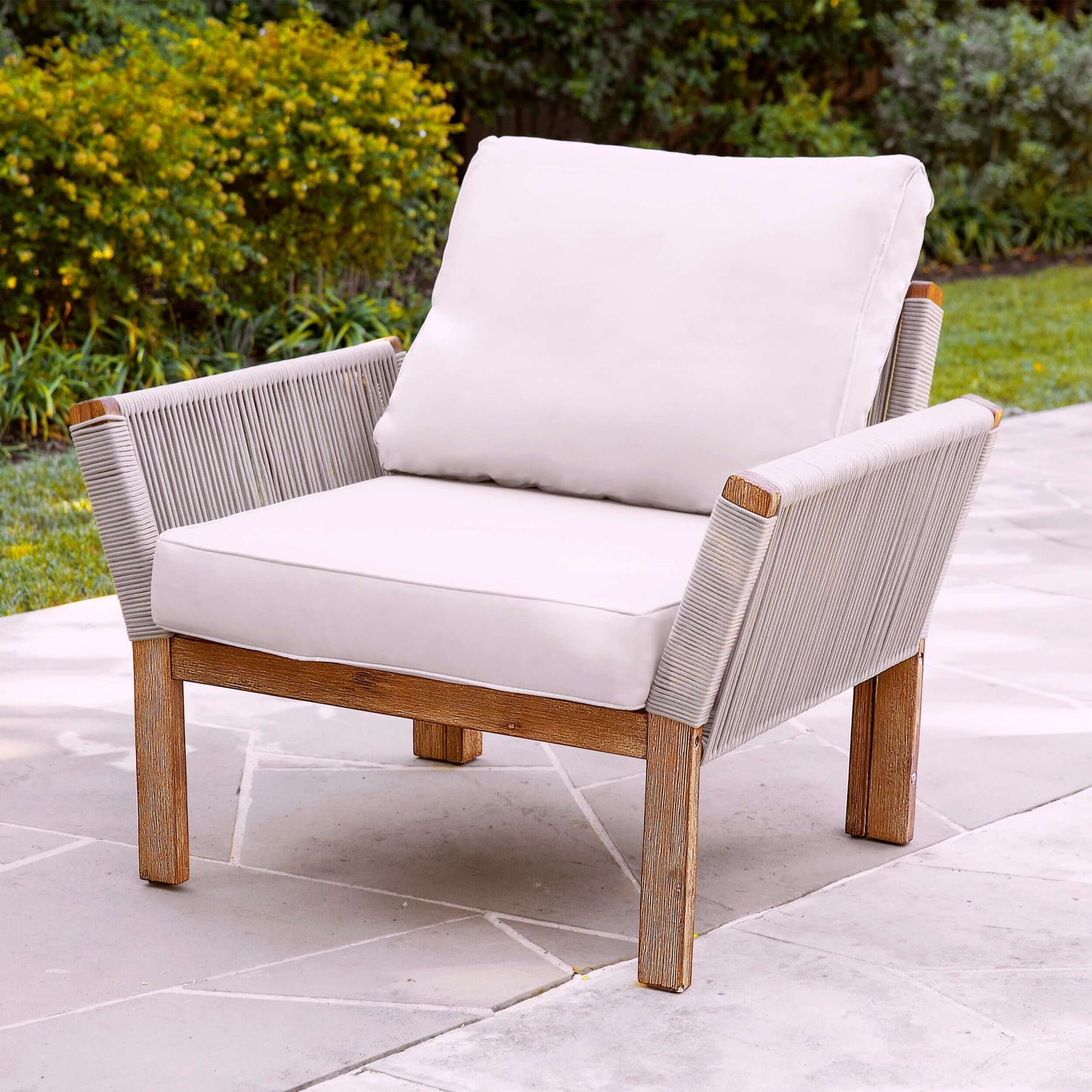 Lifestyle image angled view of Outdoor Armchair with Cushions | Brendina from Bundle Abode 