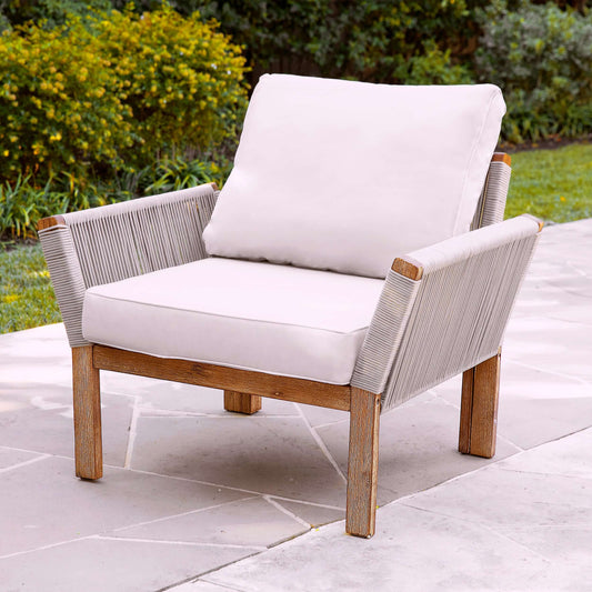Lifestyle image angled view of Outdoor Armchair with Cushions | Brendina from Bundle Abode 