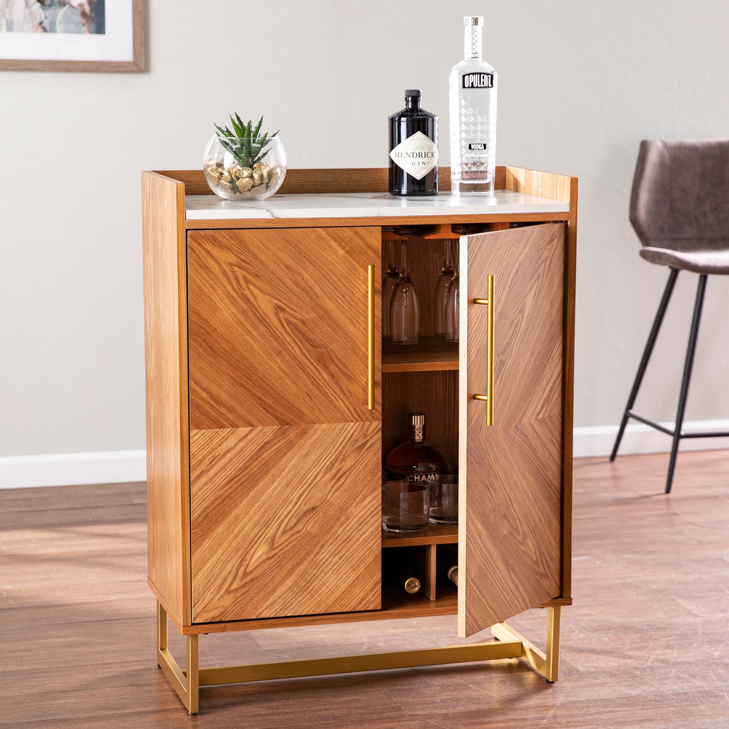 Trilken Bar Cabinet w/ Wine Storage - bar cabinet front view in living with opened door 