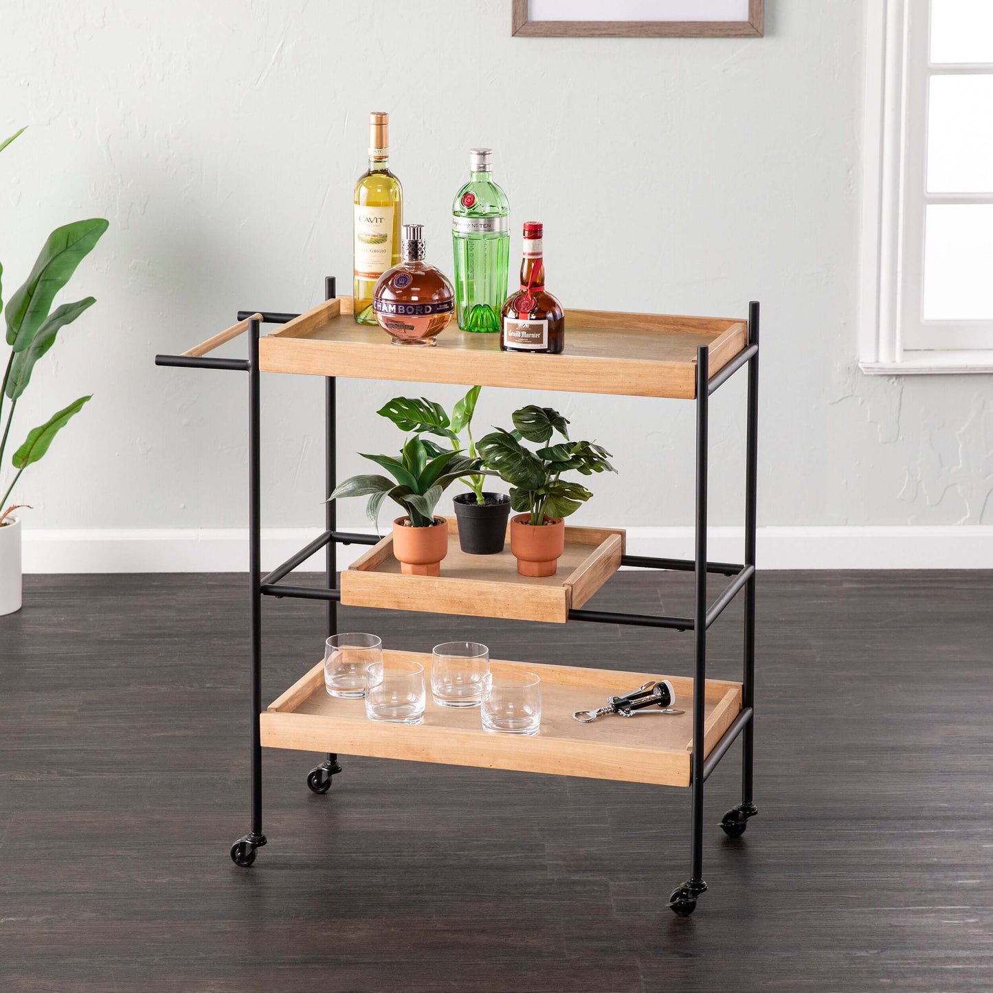 Claverdon Rolling Bar Cart - bar cart in living room 