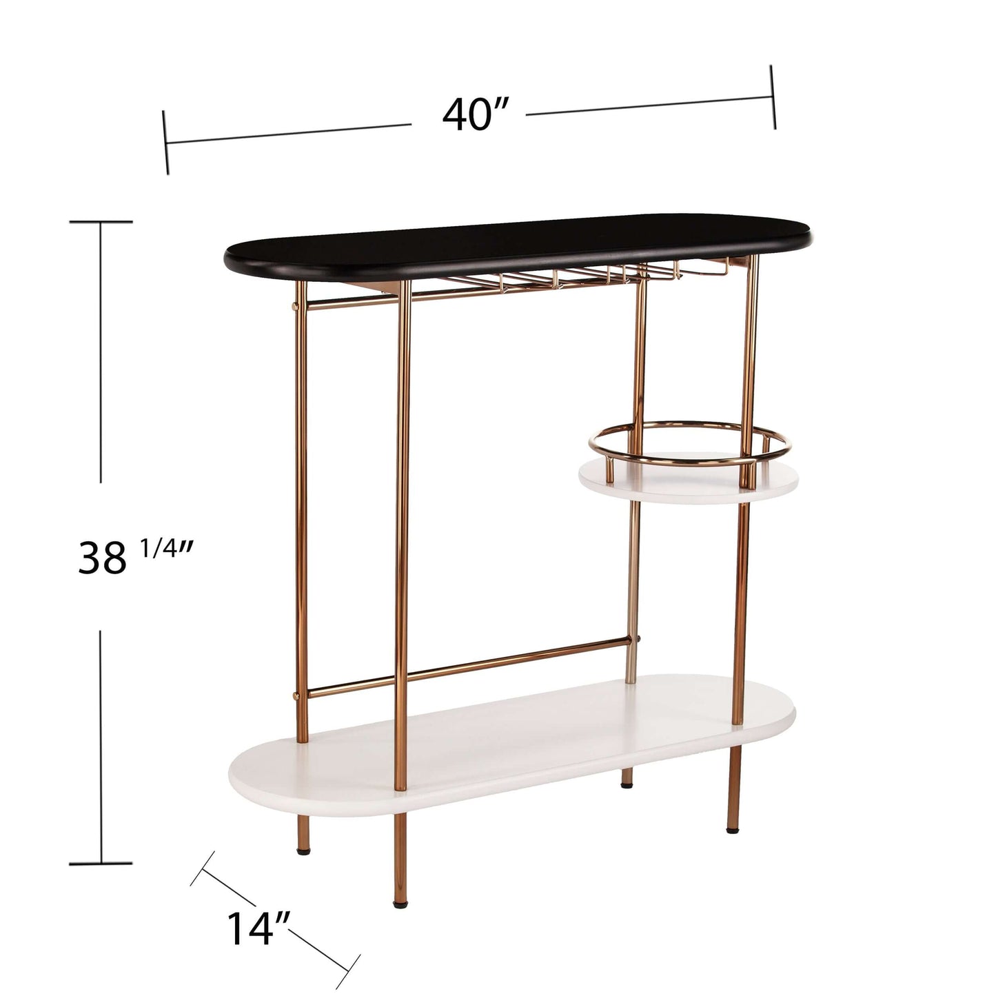 Dagney Wine/Bar Table w/ Glassware Storage - table at an angle with measurements 