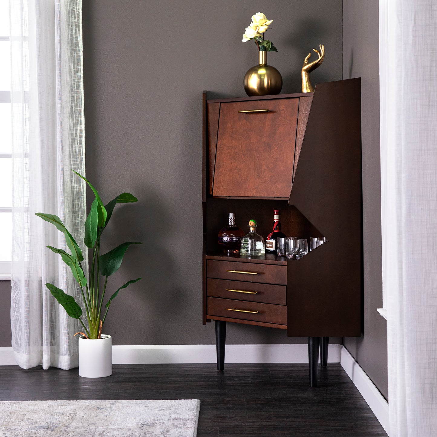 Larson Corner Bar Cabinet - Dark Tobacco - bar cabinet in living room 