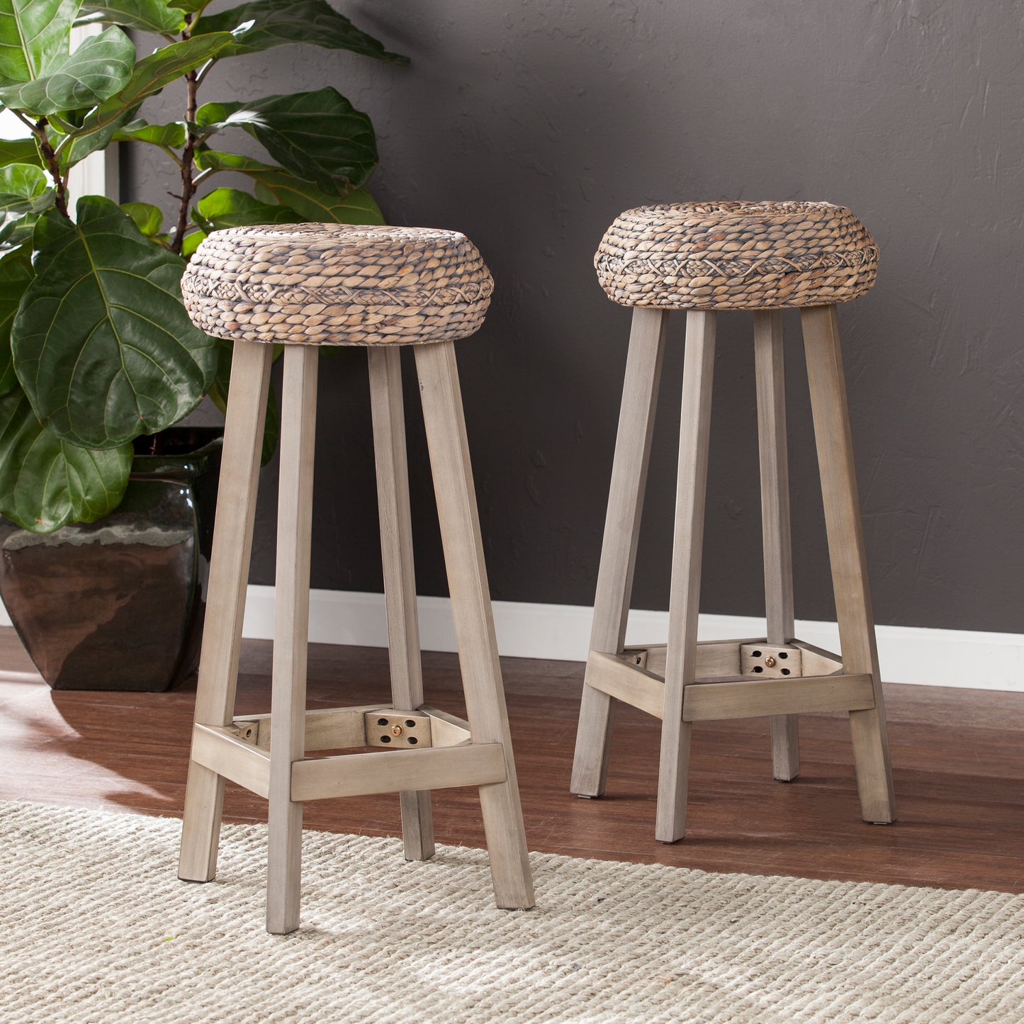 Rutina Round Backless Water Hyacinth 30" Barstools 2pc Set - Weathered Gray