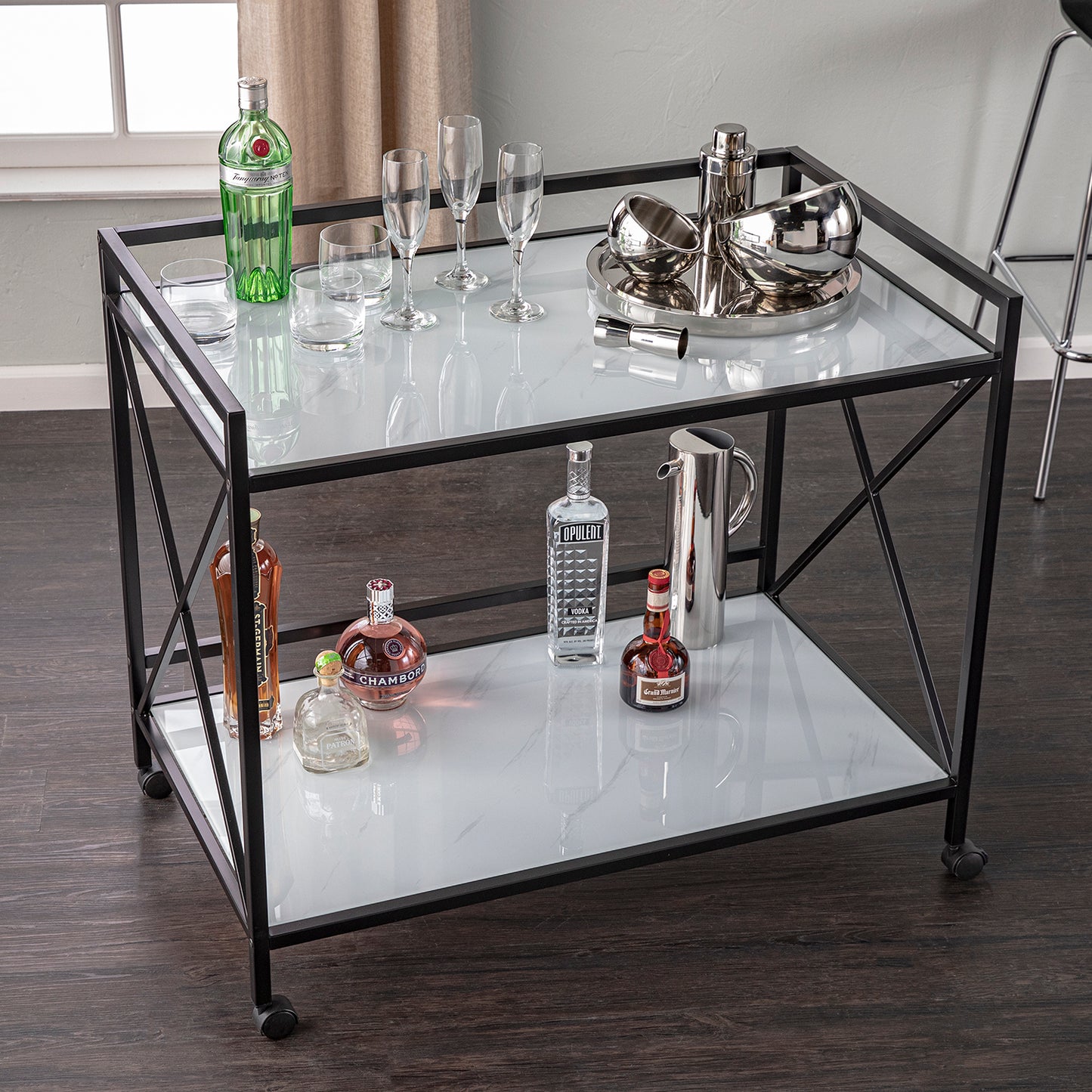 Maxton Bar Cart – Black and White - bar cart in living room 