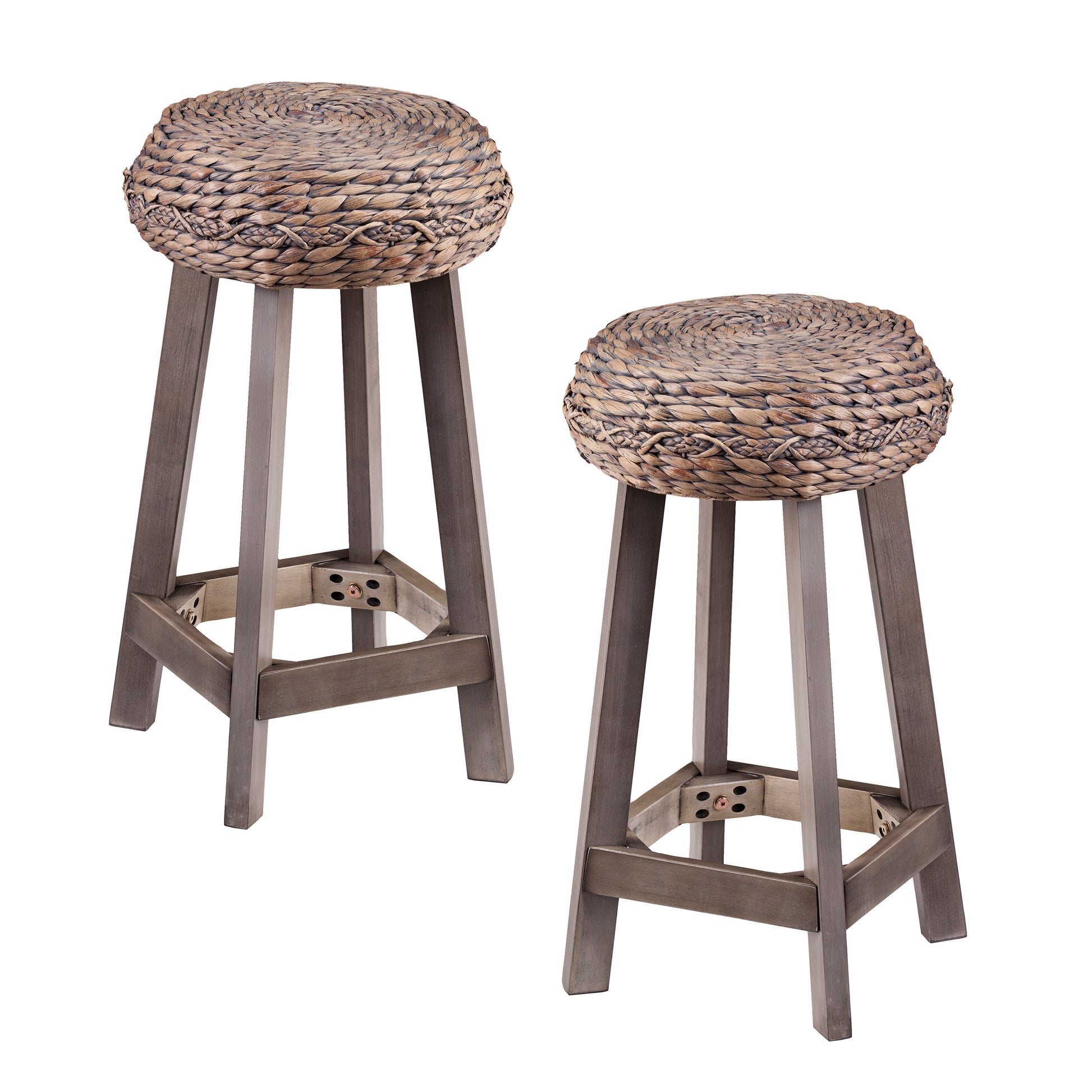 Rutina Backless Round Water Hyacinth 24" Stools 2pc Set- Weathered Gray