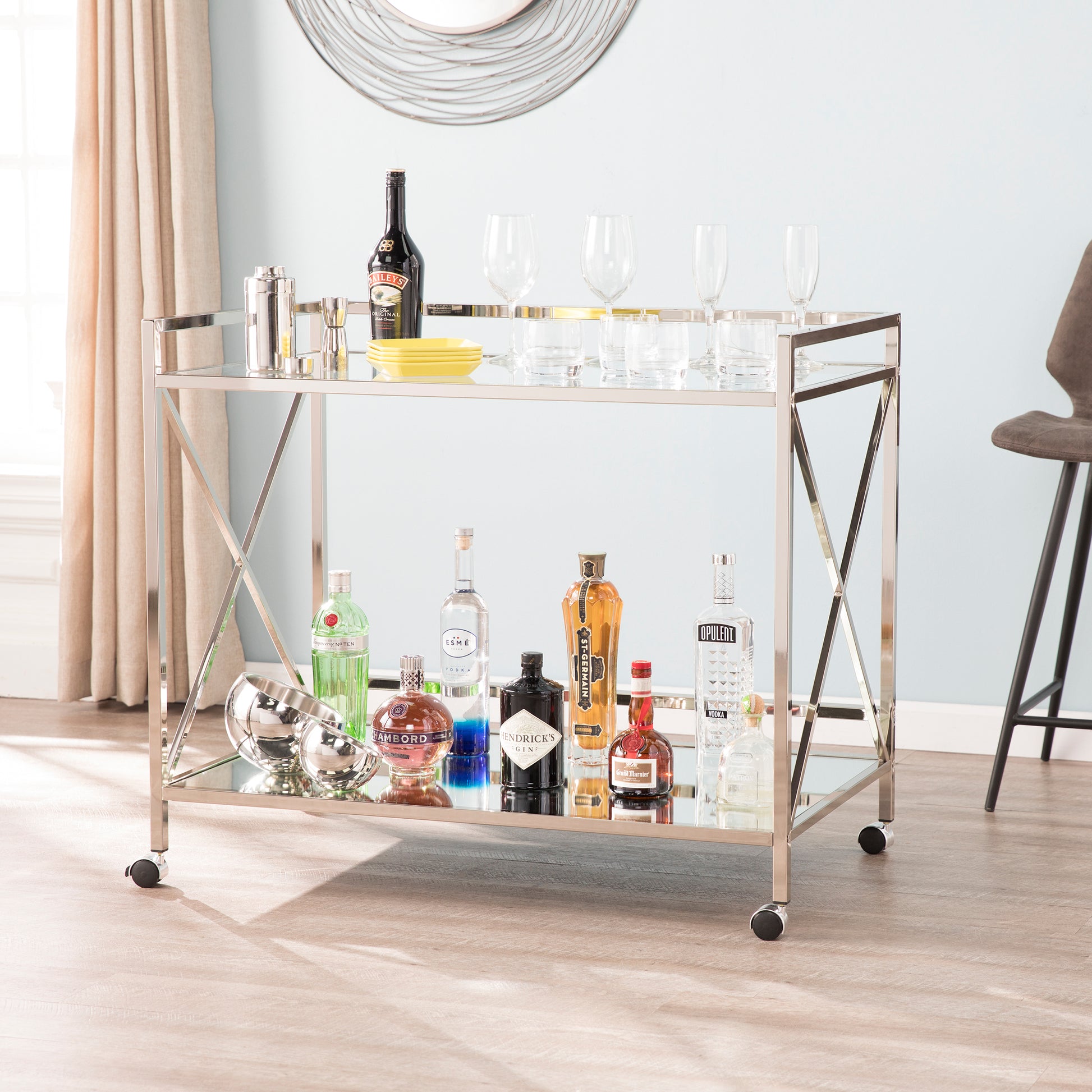 Maxton Silver Bar Cart - bar cart in living room 