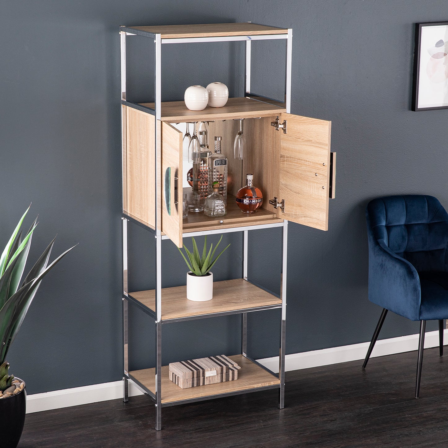 Northdom Tall Bar Cabinet w/ Wine Storage - bar cabinet in living room on shelf opened doors 