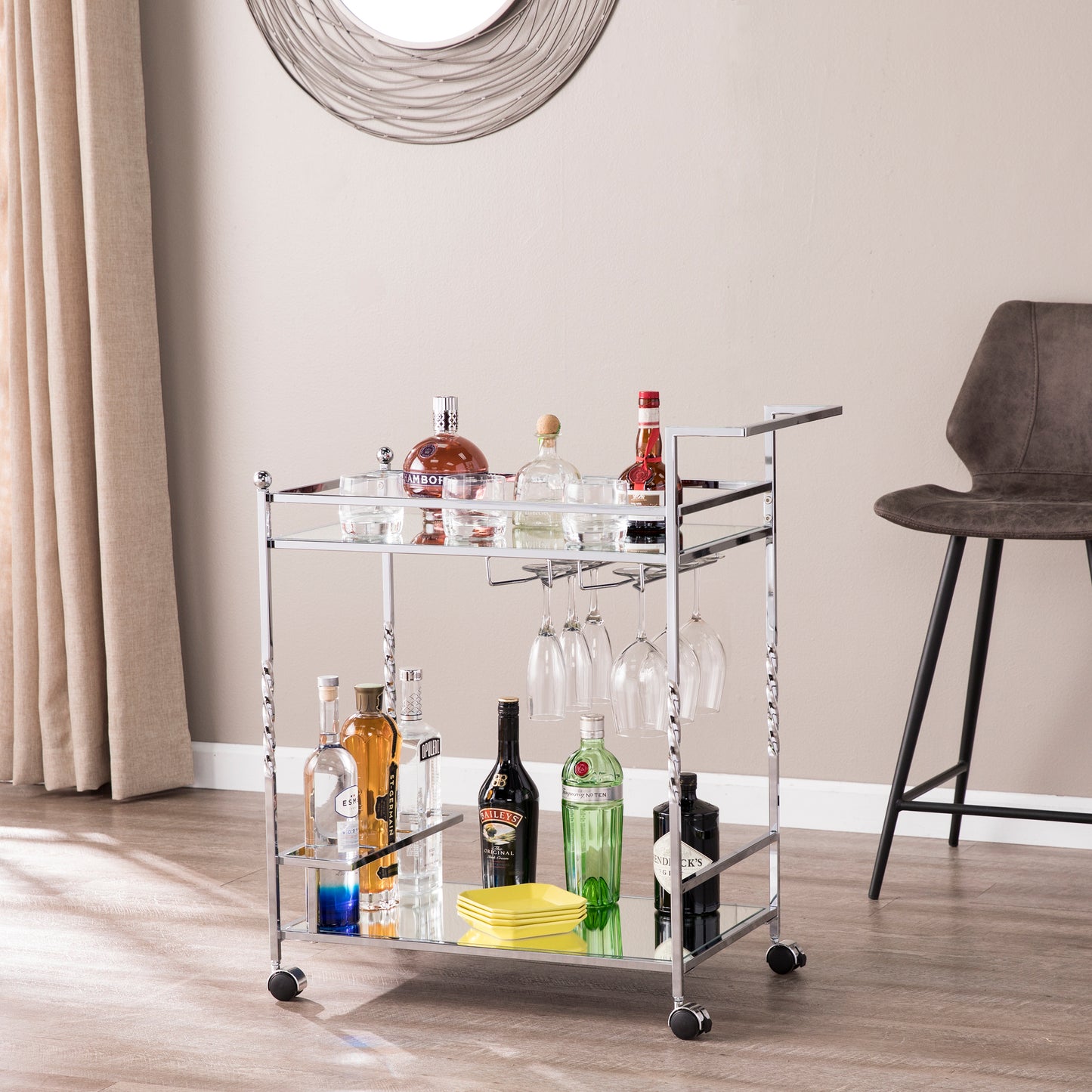 Ivers Metal Mirrored Bar Cart - Chrome - bar cart in living room 