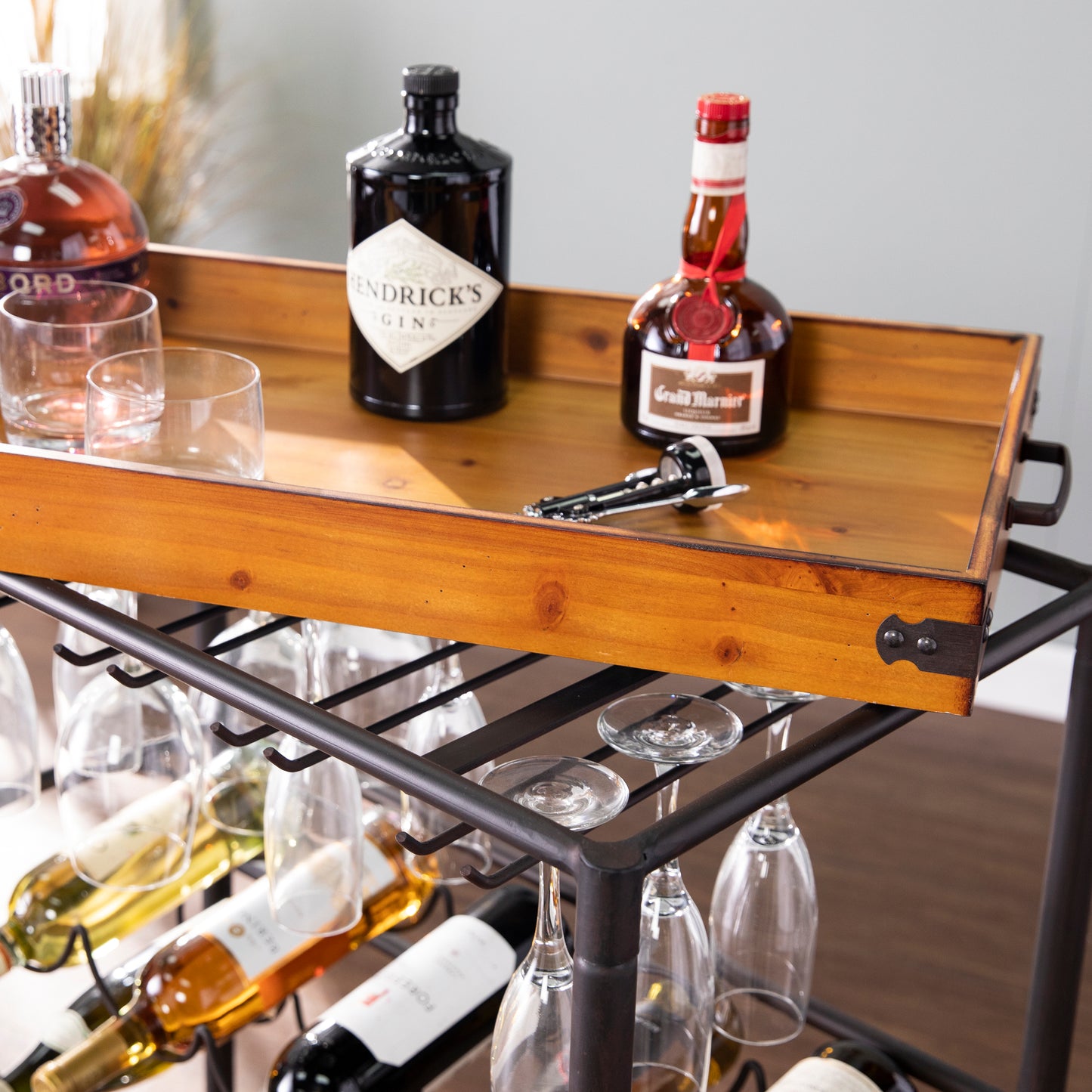 Mayson Bar Cart - bar cart detailed closeup with items on top 