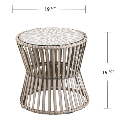 Angled image of Round Outdoor Side Table | Melilani - Bundle Abode with dimensions 